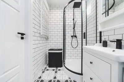 a black and white bathroom with a shower and sink at Wielicka in Kraków