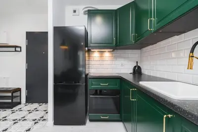 a kitchen with green cabinets and a black refrigerator at Wielicka in Kraków