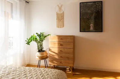 a bedroom with a dresser and a plant on the wall at GREEN OASIS - free parking, big balcony, private park in Kraków