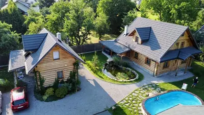 an aerial view of a house with a pool at Zacisze Pod Lipą in Andrychów