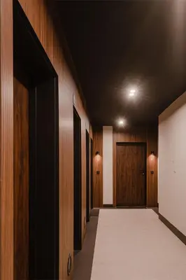 a hallway with wooden walls and a hallway with a door at Luxury two-bedroom apartment with terrace by Tyzenhauz in Kraków