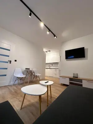 a living room with a table and a tv on a wall at Nowoczesny apartament z ogrodem in Kraków