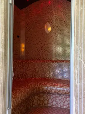 a shower with a red and white tiled wall at Dom z Wanną z Hydromasażem i Sauną - agroturystyka in Mucharz