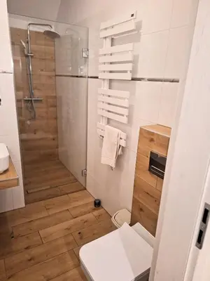 a bathroom with a shower and a toilet at Dom z Wanną z Hydromasażem i Sauną - agroturystyka in Mucharz