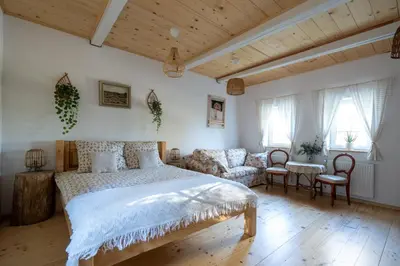 a bedroom with a bed and a couch and windows at Pod Wysokim Niebem in Wysokie