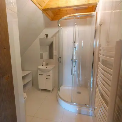 a bathroom with a shower and a sink at Beskidzkie Wyspy in Tenczyn