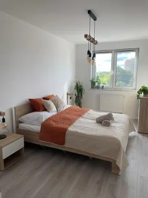 a bedroom with a large bed and a window at Przestronne mieszkanie Kraków in Kraków