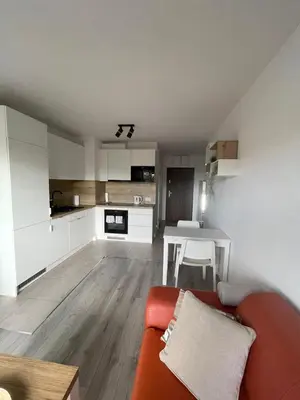 a living room with a red couch and a kitchen at Przestronne mieszkanie Kraków in Kraków