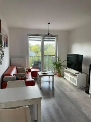 a living room with a couch and a tv at Przestronne mieszkanie Kraków in Kraków
