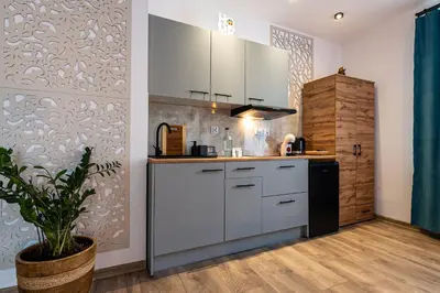 a kitchen with white cabinets and a black refrigerator at Apartamenty Astra in Oświęcim