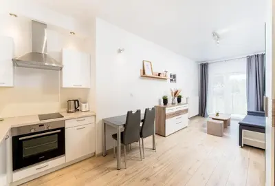 a living room with a couch and a kitchen at Dębniki Pleasant Studio by BookingHost in Kraków