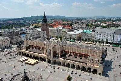 an aerial view of a building with a clock tower at Apartament Nad Wisłą in Kraków