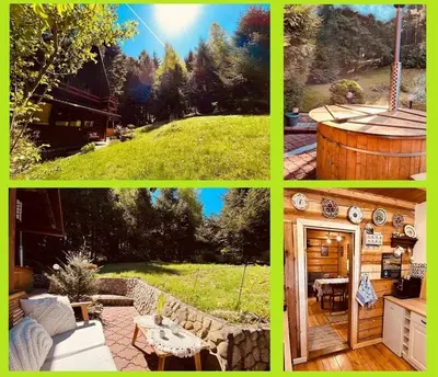a collage of pictures of a yard and a house at Chata pod lasem z balią i sauną in Myślenice