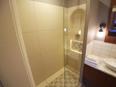 a bathroom with a shower and a sink at Apartamenty Czapskich in Kraków