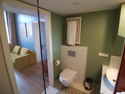a bathroom with a toilet and a sink at Apartamenty Czapskich in Kraków