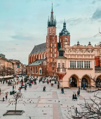 a large building with a clock tower in a city at Apartment in the Heart of Krakow - Between the Old Town and Kazimierz District in Kraków