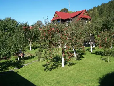 a house with a bunch of apple trees in a yard at Willa Świt in Maków Podhalański