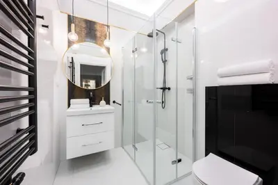 a bathroom with a shower and a toilet and a mirror at Native Apartments Rajska 6 in Kraków