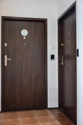 a pair of wooden doors in a room at Native Apartments Rajska 6 in Kraków