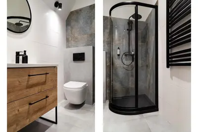 two images of a bathroom with a shower and a sink at Househost Apt Starowislna 75-2 in Kraków