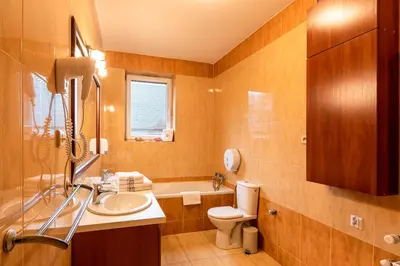 a bathroom with a sink and a toilet and a tub at Hotel Kasztelan in Dobczyce