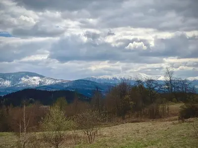 a field with snow capped mountains in the distance at Kefasówka in Zawoja