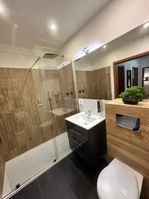 a bathroom with a shower and a toilet and a sink at Bajeczny Apartament 88 - 20 min to Cracow Airport - beside the Vistula River in Kraków