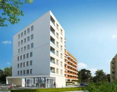 a rendering of a white building at Bajeczny Apartament 88 - 20 min to Cracow Airport - beside the Vistula River in Kraków