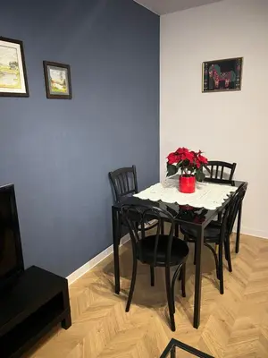a black dining room table with chairs and a vase with red flowers at Raciborska Loft in Kraków