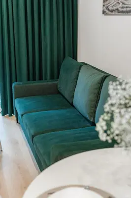 a couch in a living room with a green curtain at K&M Apartments Tauron Arena in Kraków