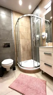 a bathroom with a shower and a toilet and a sink at Przestronne Studio w centrum in Kraków
