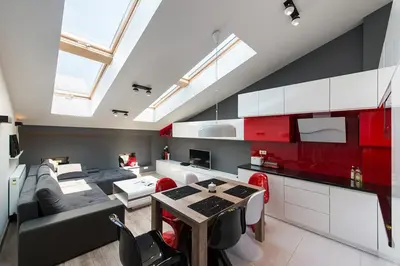 a living room with red and white cabinets at Cozy and Large 62 m2 Apartment with Air Conditioning, Old Town in Kraków