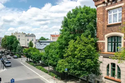 a tree on the side of a building next to a street at TiB Apartament na Kazimierzu in Kraków