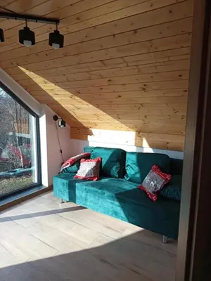a green couch in a room with a wooden ceiling at Brzozowe Zacisze in Lachowice