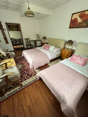 a bedroom with two beds and a chair and a mirror at Gościniec Grek Zorba - pokoje i domki 4 osobowe - 16km od Zator Energylandia in Inwałd