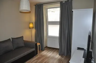 a living room with a couch and a window at Topola in Kraków