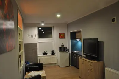a living room with a television and a refrigerator at Topola in Kraków