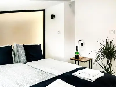 a bedroom with a bed with a large mirror at Apartment Premium Jacuzzi, Old Town Cracow in Kraków