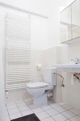 a white bathroom with a toilet and a shower at Pilotow 87 Apartments in Kraków