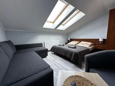 a living room with a couch and a bed and skylights at Apartament Serwis in Kraków