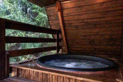 two beds in a room with a window at Leśna Sielanka domek z jacuzzi w lesie pod Górą Szczebel RELAX I SPORT in Lubień