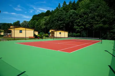a tennis court with houses and trees in the background at Ponikiew Resort in Wadowice