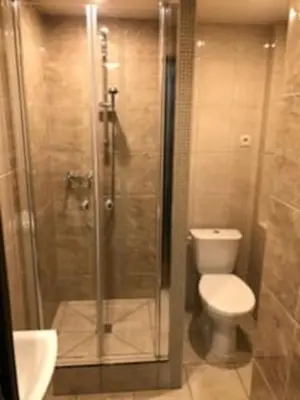 a bathroom with a toilet and a glass shower at Topolowa, studio-flat ground floor in Kraków