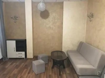 a living room with a couch and a table at Topolowa, studio-flat ground floor in Kraków