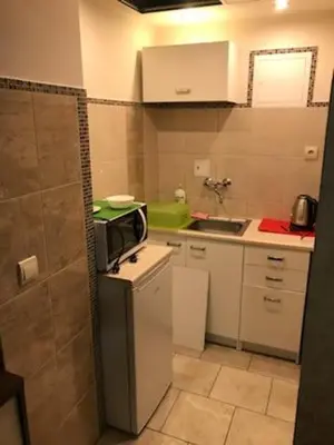 a small kitchen with a sink and a microwave at Topolowa, studio-flat ground floor in Kraków