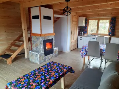 a living room with a fireplace in a log cabin at Domek na Przełęczy 2 in Wierzbanowa