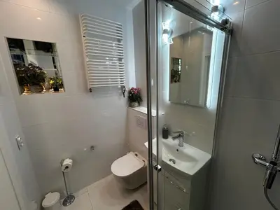 a bathroom with a toilet and a sink and a shower at Old Cracow Apartment I in Kraków