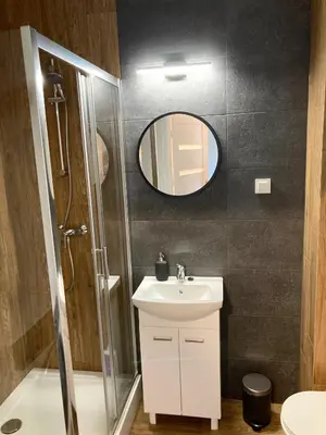 a bathroom with a shower and a sink and a mirror at Apartament Łagiewniki 2 in Kraków
