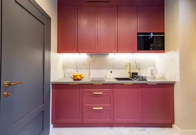 a kitchen with red cabinets and a red door at Apartamenty Limanowskiego in Kraków