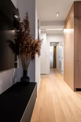 a hallway of a house with a vase with a plant at Househost Apartment Retoryka in Kraków